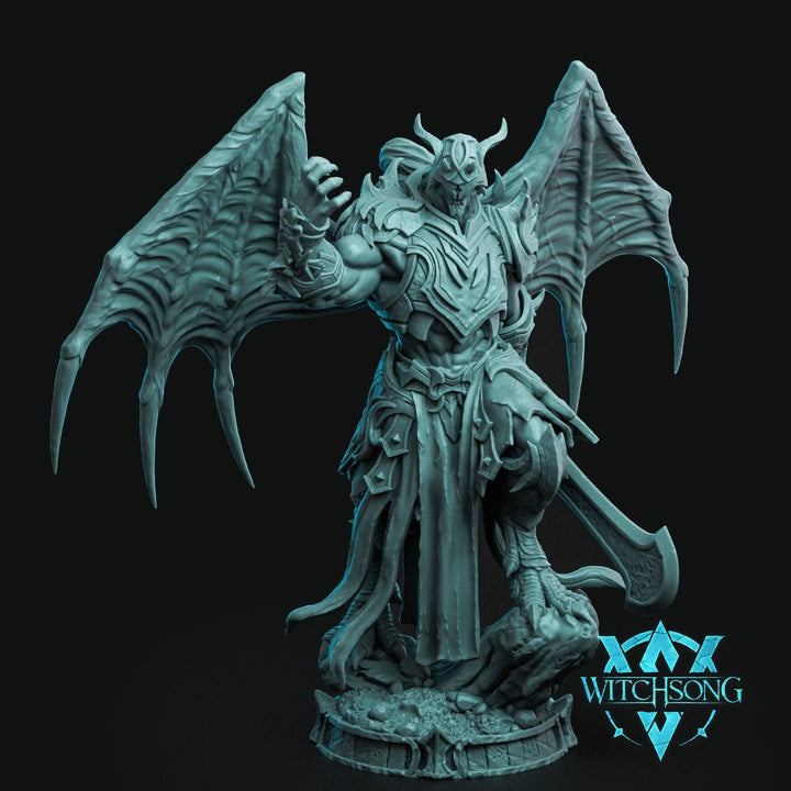 Liliths Executioner demon resin miniature with giant bat wings infernal armor horned helm curved blade and abyssal executioner styling for Dungeons and Dragons Pathfinder and grimdark tabletop RPGs