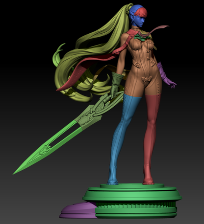 Eve Stellar Blade 1:6 scale sculpt with segmented model view showing parts breakdown for 3D printing.
