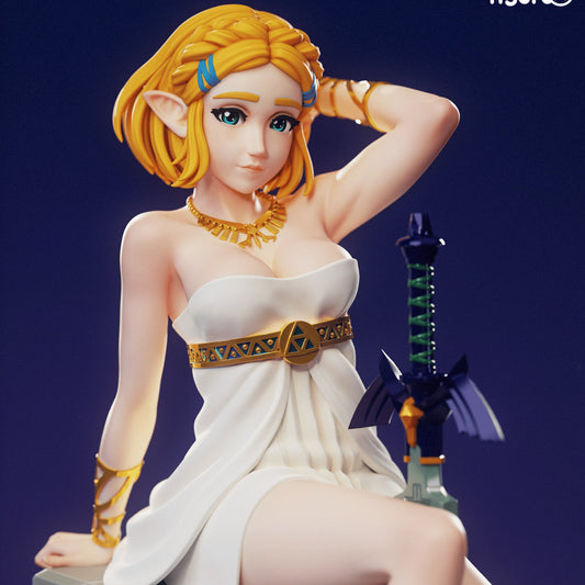 Close-Up Image – Zelda 1:7 scale collectible close-up view, seated with braided hair, white dress, and Master Sword beside her.