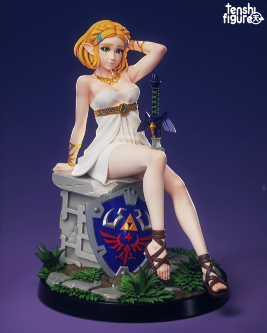 Full Figure Image – Zelda Legend of Zelda 1:7 scale collectible figure, seated on a stone base with Hylian Shield, Master Sword, and decorative greenery.