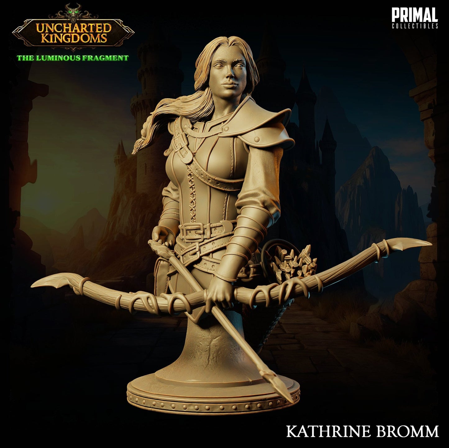 Bust of Kathrine Bromm, a human female fighter, holding a large bow, dressed in leather armor with metal pauldrons, standing in front of a darkened fortress with vines at her feet.