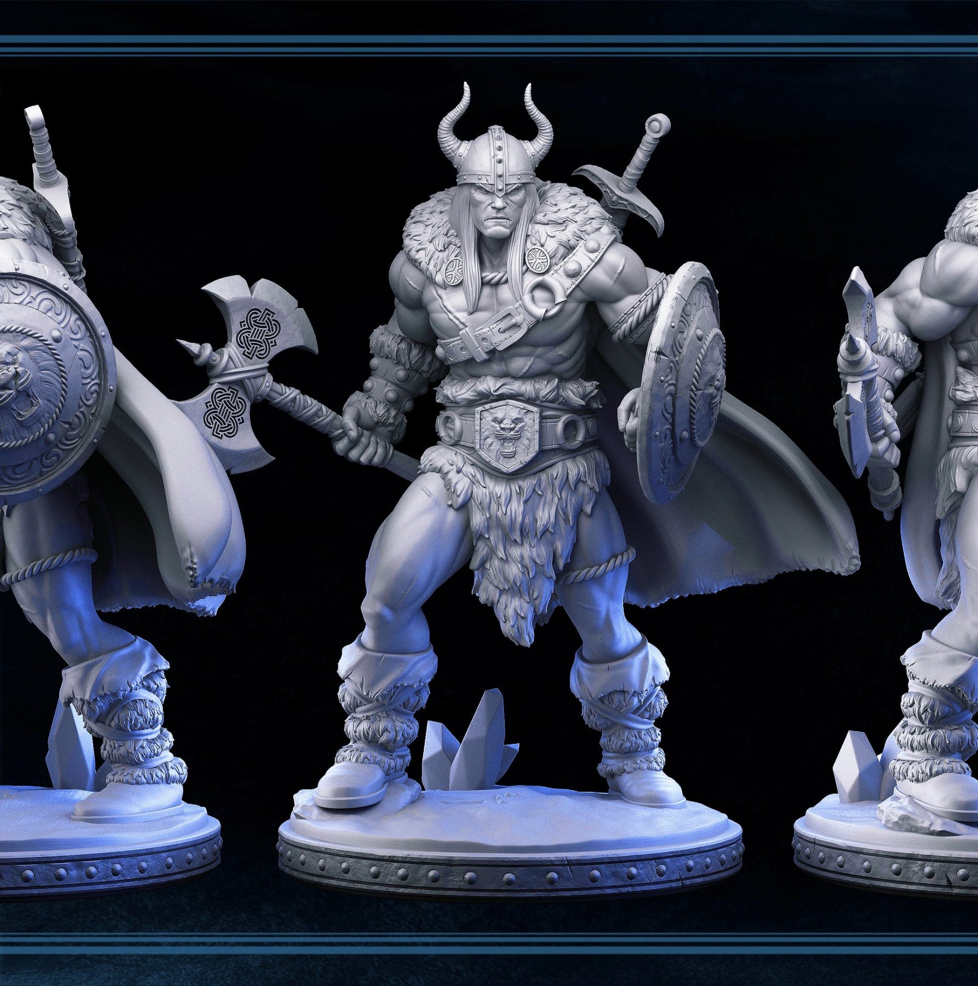 A 3D-printed miniature of Kreyvos the Barbarian, a muscular warrior holding a large axe and shield, dressed in fur and armor, with a horned helmet and flowing cape, ideal for various tabletop RPGs.