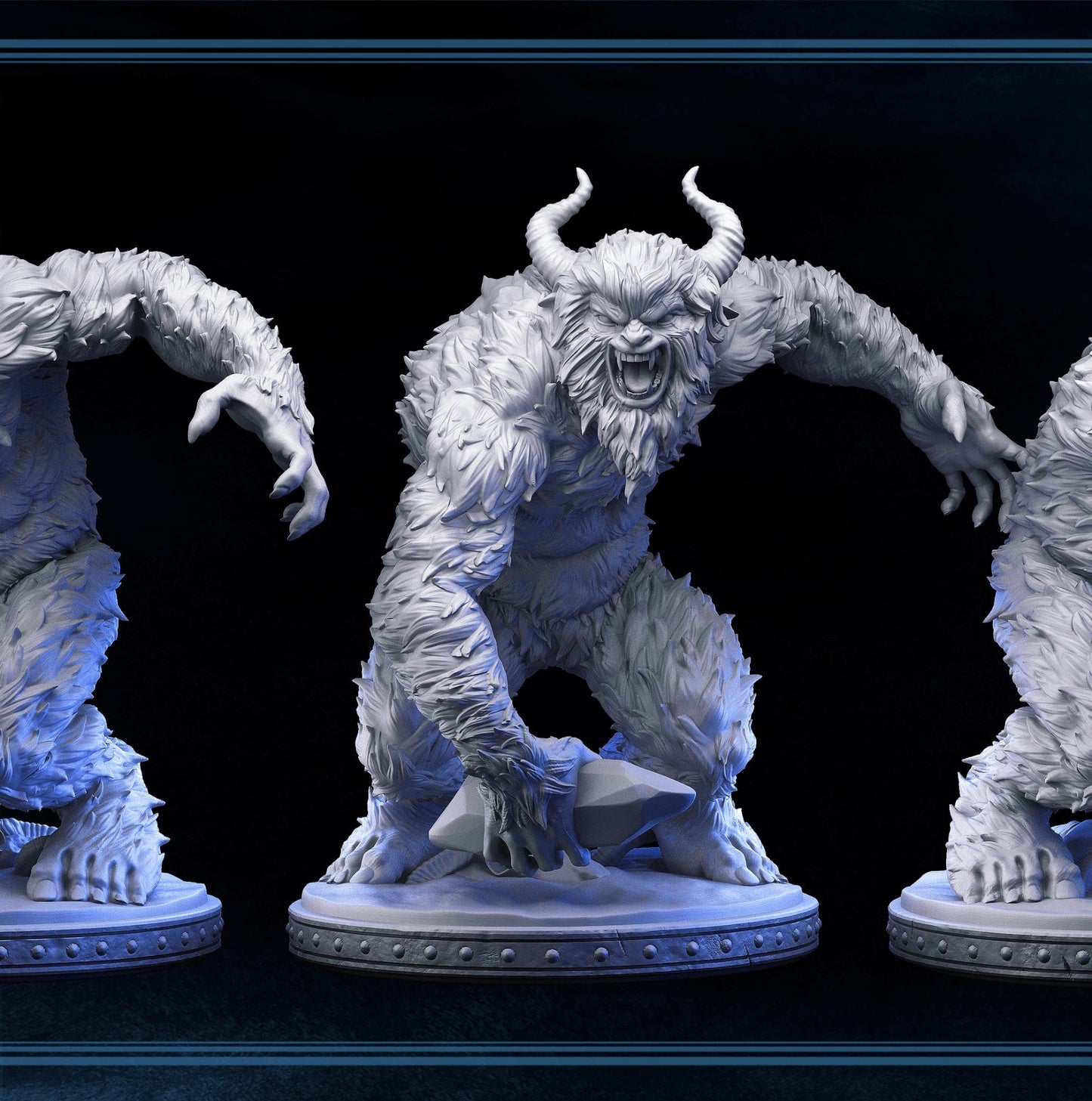 A 3D-printed Yeti miniature depicted with a roaring expression, large horns, and a snow-covered base, perfect for TTRPG encounters.