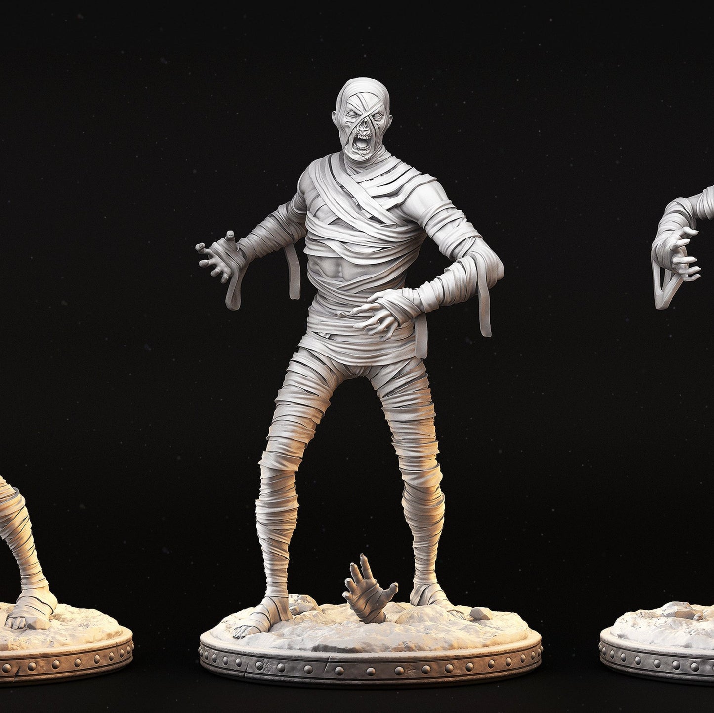 Mummy miniature wrapped in bandages with an eerie pose for tabletop RPGs