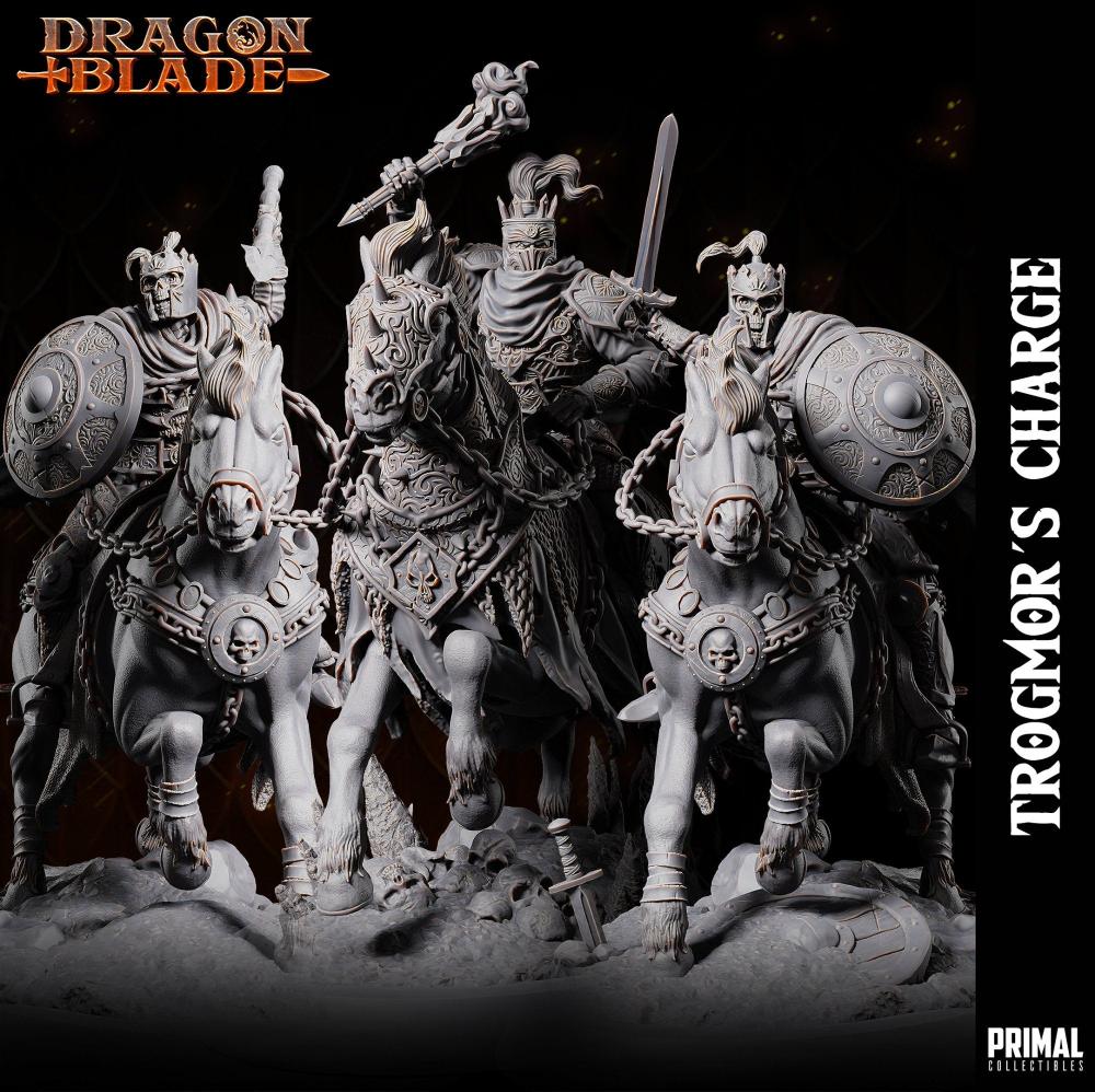 The full Trogmor's Charge, showing Lord Trogmor with two Death Knights, riding their undead horses, all wielding swords and shields in a grim, skull-covered landscape.