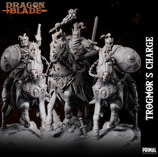 The full Trogmor's Charge, showing Lord Trogmor with two Death Knights, riding their undead horses, all wielding swords and shields in a grim, skull-covered landscape.