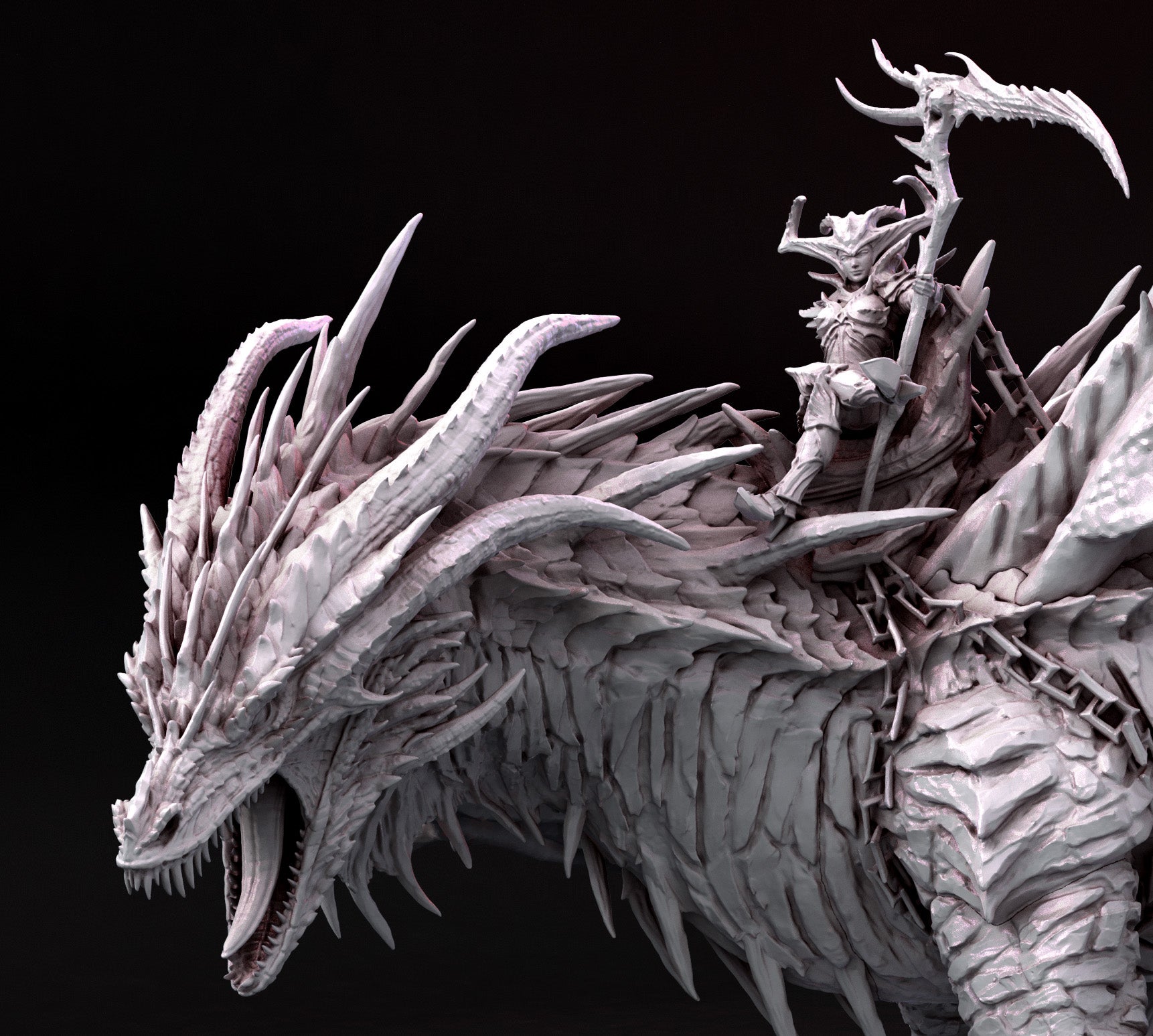 Detailed close-up of the Infernal Dragon’s snarling head, horns, and armored scales, emphasizing its monstrous infernal design.