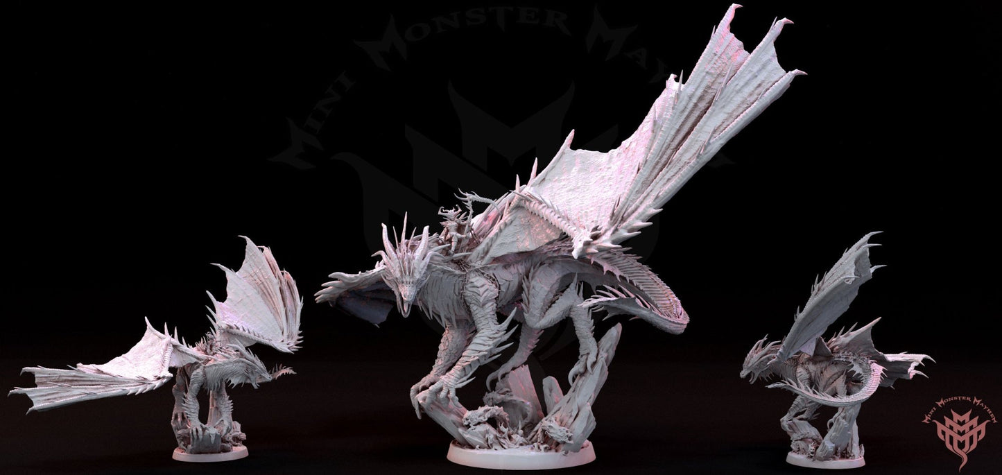 Three views of the Infernal Dragon model, including a winged unmounted and mounted dragon posed with a rider holding a scythe, ideal for Dungeons & Dragons or Pathfinder.