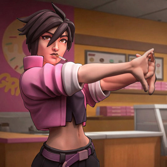 Invisigal Dispatch 1:8 scale statue colored render stylized female courier pose cigarette and ruined city base