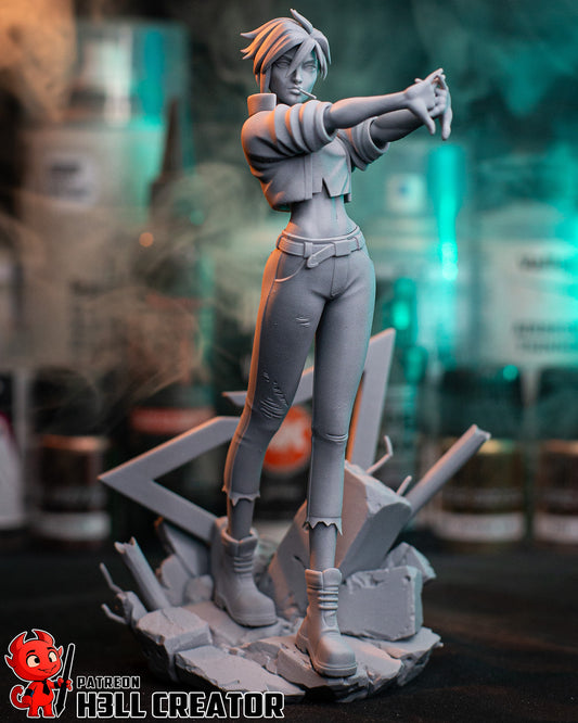 Invisigal Dispatch 1:8 scale statue front view standing on broken urban base arms extended cigarette pose