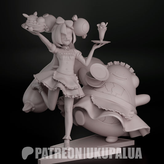 Iono statue gray render showing clean sculpt detail character expression desserts and mascot companion