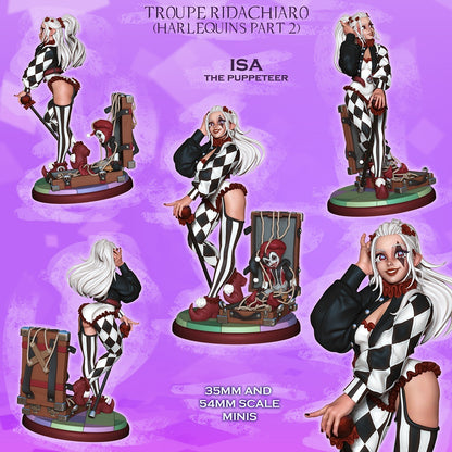 Isa the Puppeteer painted collage render showing female carnival bard miniature with sinister puppet chest theatrical pose striped leggings and dark fantasy circus aesthetic