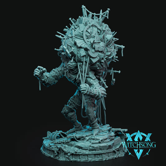 Jarl of Junk construct resin miniature carrying a giant pile of scrap weapons chains wagon wheels and debris across its back for Dungeons and Dragons Pathfinder MORK BORG and fantasy tabletop RPGs