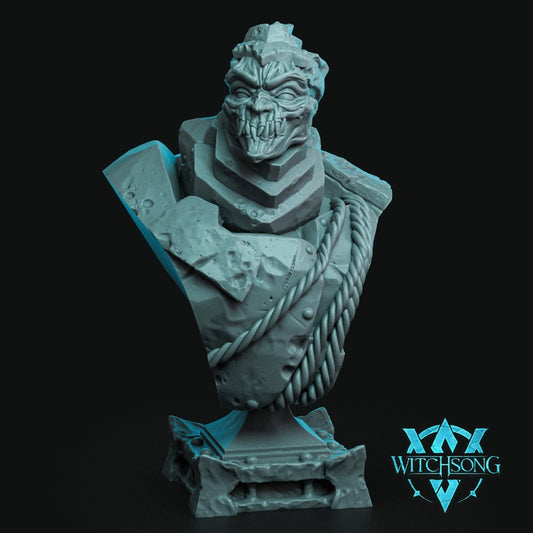 Jarl of Junk construct bust resin display model featuring a monstrous stitched face stone armor rope bindings and grimdark fantasy golem details for Dungeons and Dragons collectors