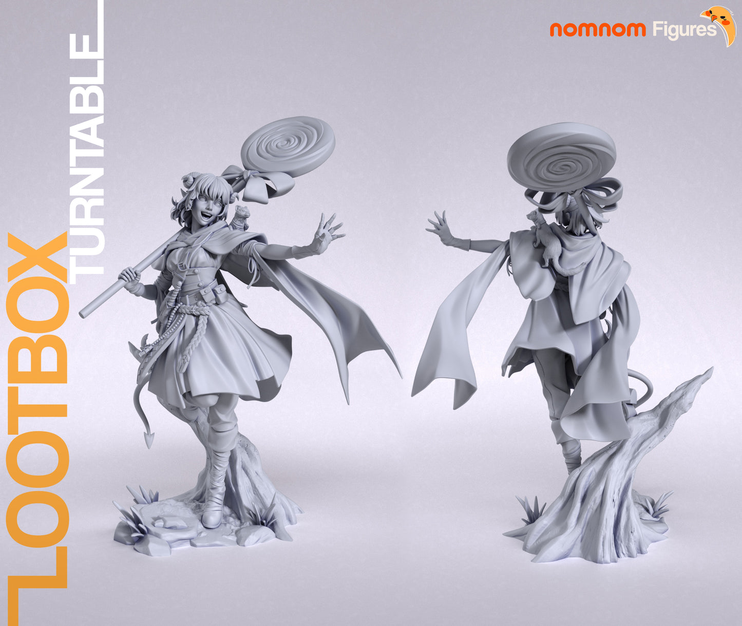 Jester Mighty Nein 1:10 scale statue front and back view tiefling cleric dynamic pose tree stump base cloak and tail detail