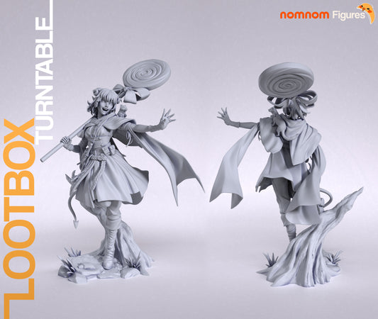Jester Mighty Nein 1:10 scale statue front and back view tiefling cleric dynamic pose tree stump base cloak and tail detail