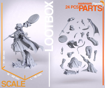 Jester Mighty Nein 1:10 scale figure parts layout 24 pieces lollipop staff interchangeable head cloak base tree stump scale dimensions 201mm height