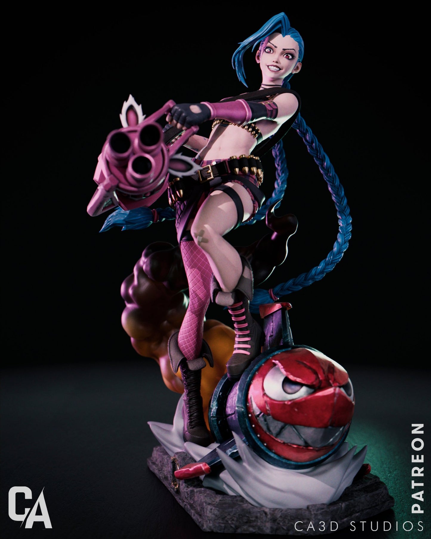 Action pose of Jinx riding a missile with smoke trails and a mischievous expression, featuring intricate details on her outfit and base.