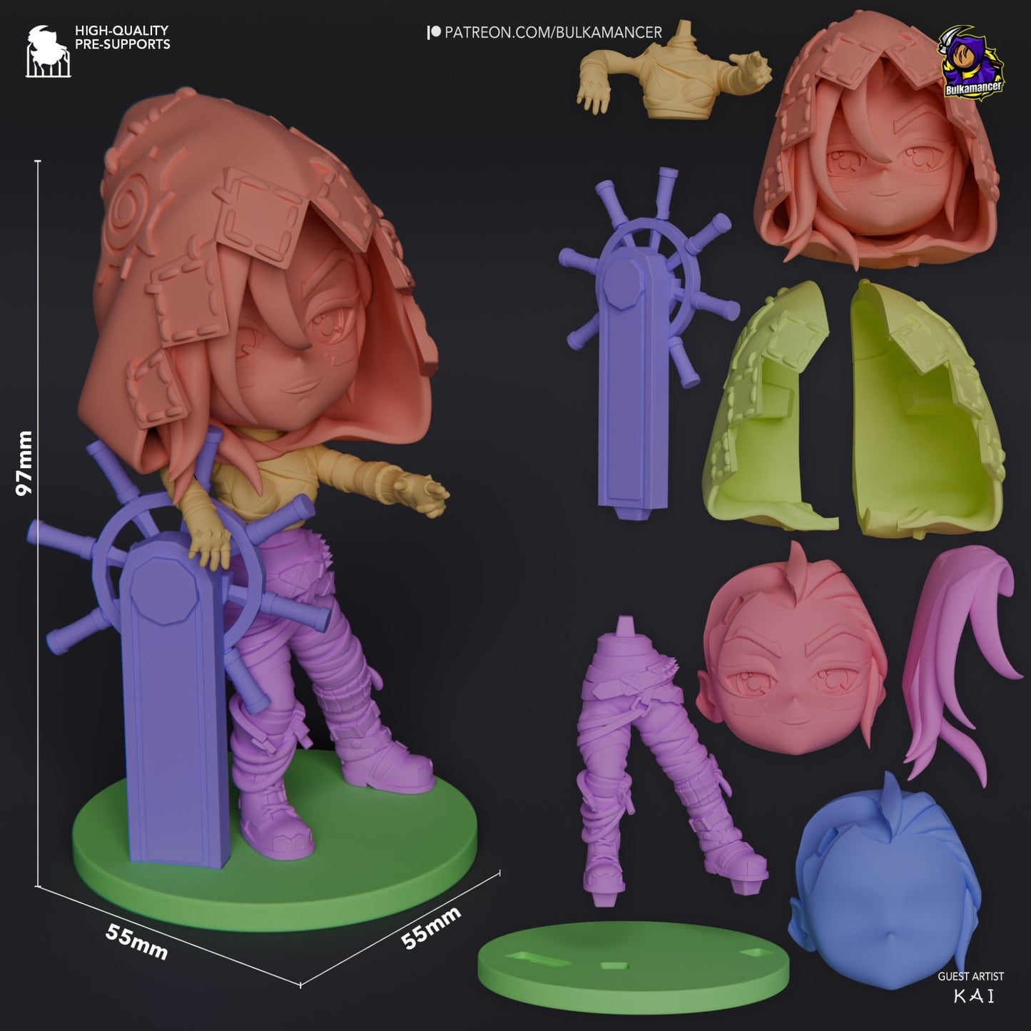 Detailed parts breakdown of Jinx's chibi figurine in various bright colors, highlighting individual components like the hood, body, and base.