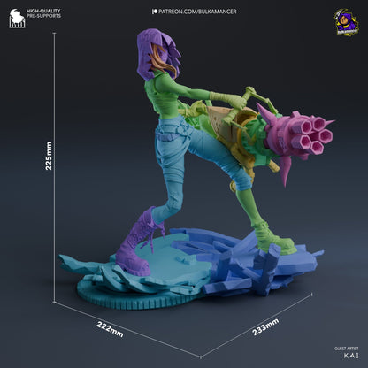 Dimension view of Jinx figurine indicating the model’s height, width, and detailed base measurement.