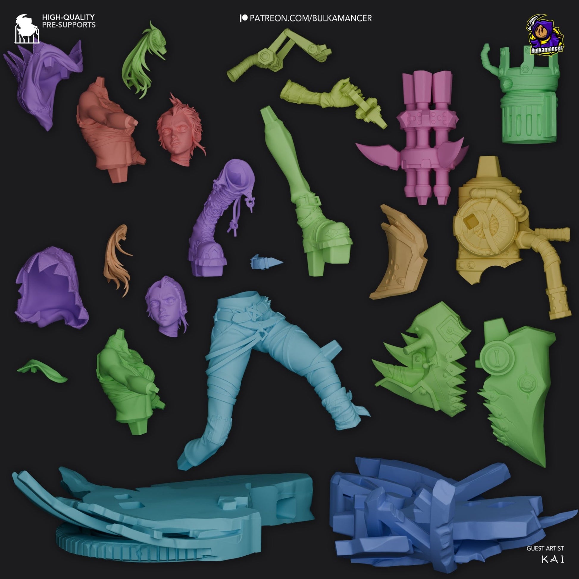 Exploded parts view of Jinx model showing individual pieces like the weapon, cloak, boots, and base.