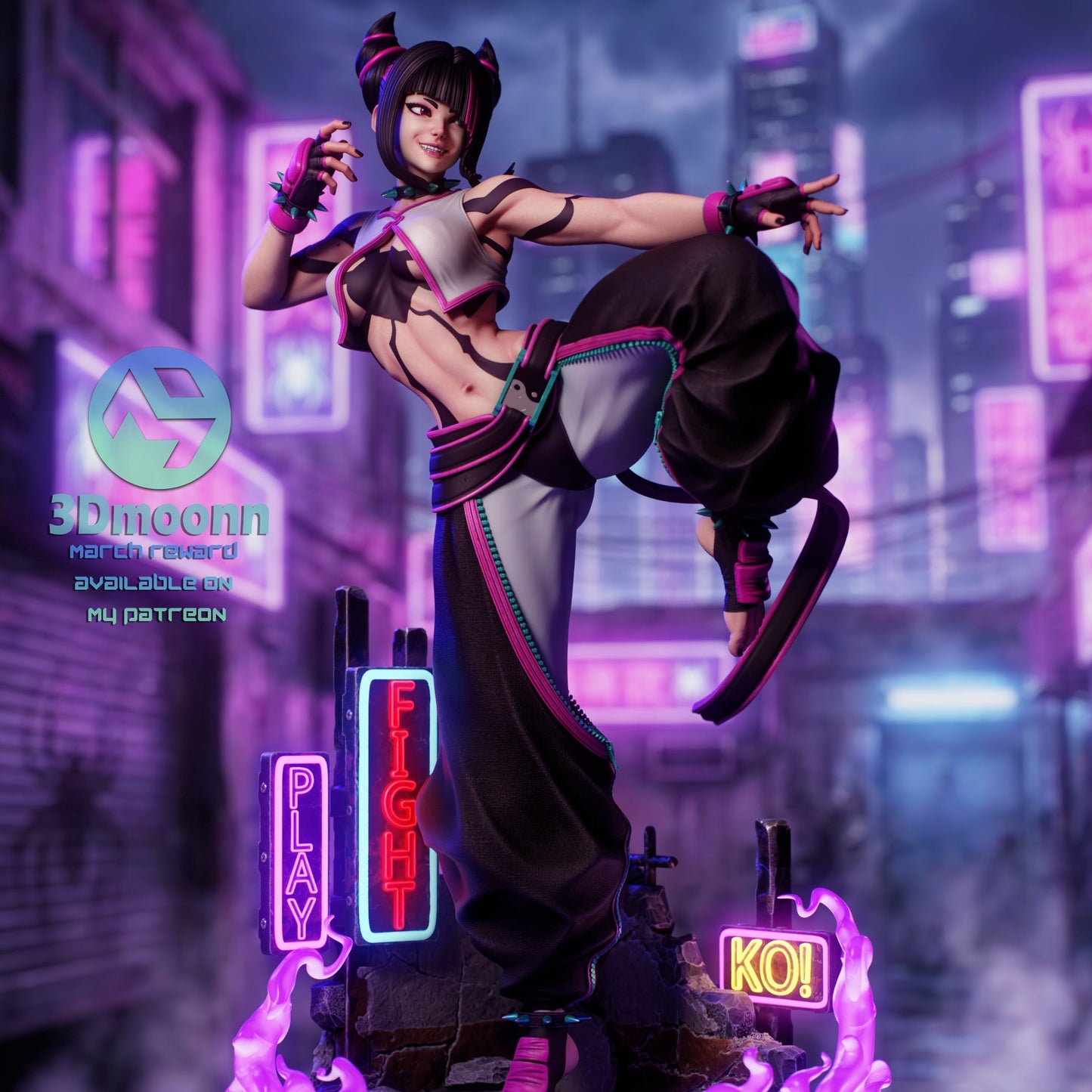 Juri Han Street Fighter pajamas resin statue front view kicking pose neon base arcade signs