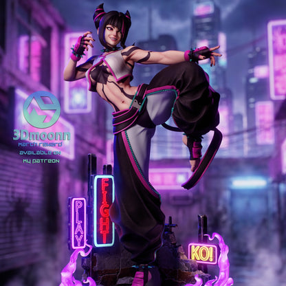 Juri Han Street Fighter pajamas resin statue front view kicking pose neon base arcade signs