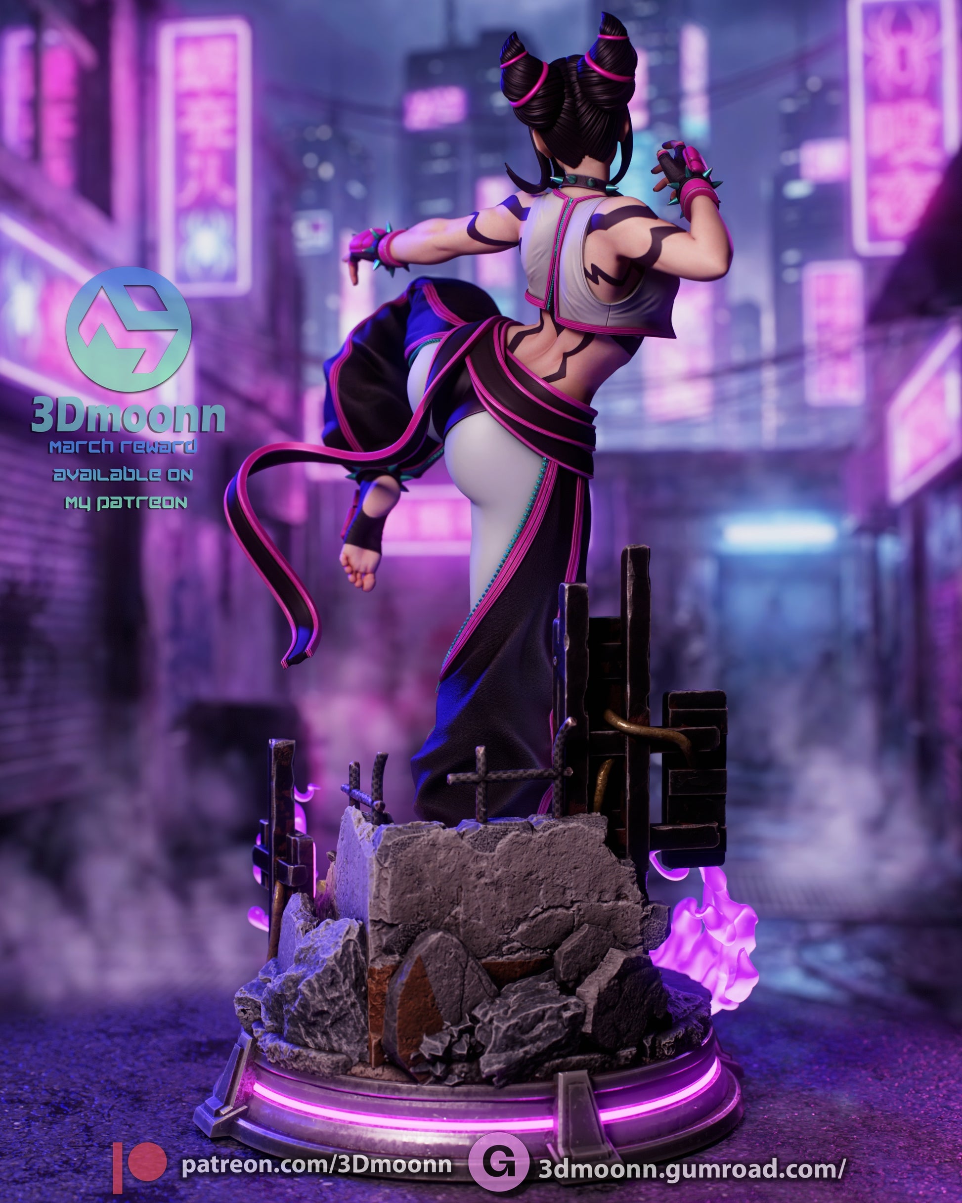 Juri Han Street Fighter resin statue back view dynamic kicking pose hair buns detail