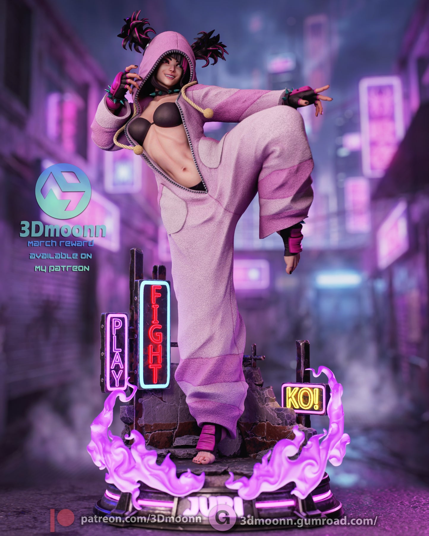 Juri Han Street Fighter pajamas resin statue front view kicking pose neon base arcade signs