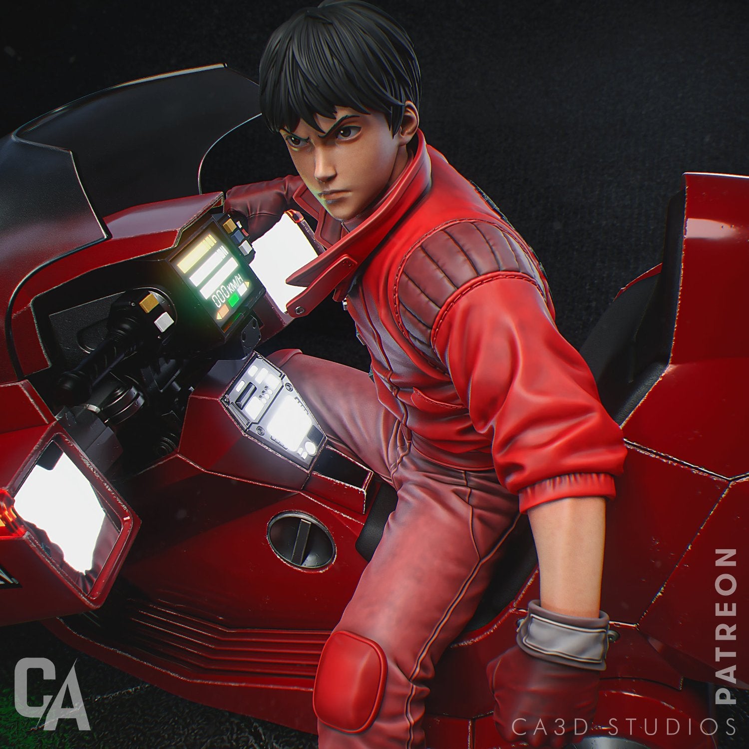 A close-up of Kaneda in his red suit, showing the control panel and the details of his focused expression.