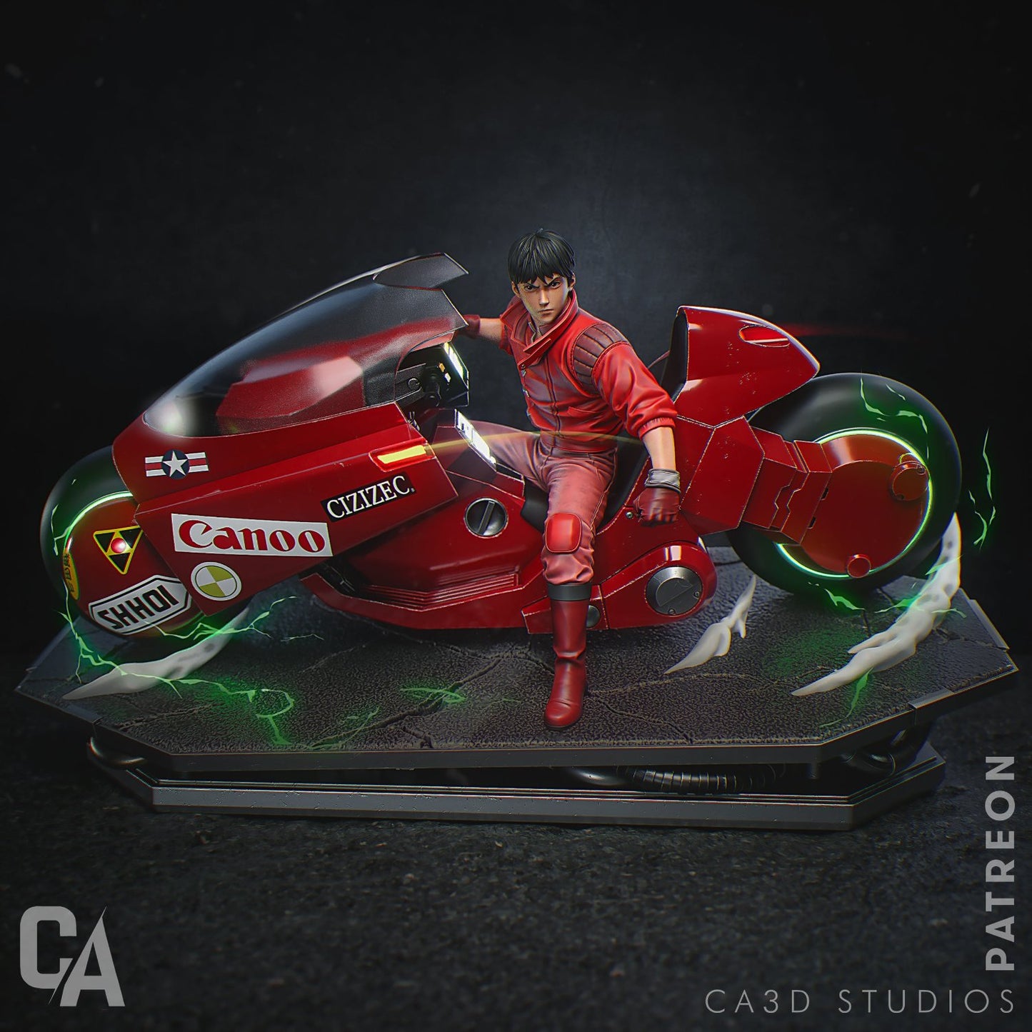 Kaneda is seated on his iconic red motorcycle, featuring sleek futuristic design and detailed decals.