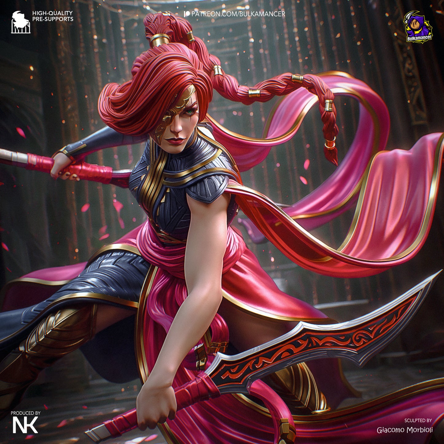 Painted version of Katarina collectible figure showing red hair, ornate armor, and twin daggers