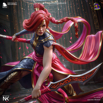 Painted version of Katarina collectible figure showing red hair, ornate armor, and twin daggers