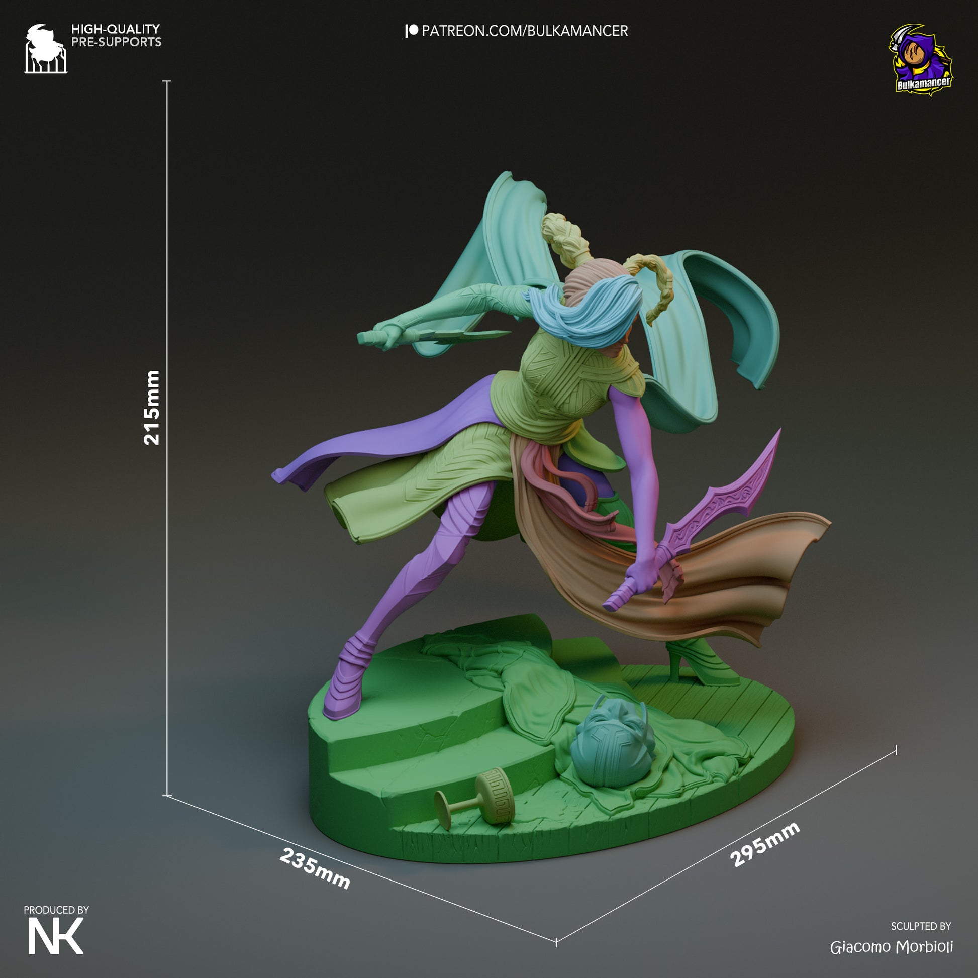 Color-coded 3D render of Katarina figure showing modular parts and 215mm height

