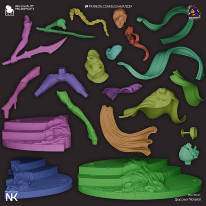 Exploded view of Katarina figure showing all individual parts for assembly and painting
