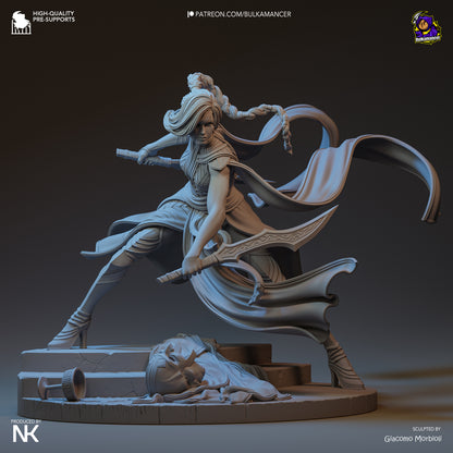 Katarina figure front view with dual blades drawn, dynamic stance, and flowing cape