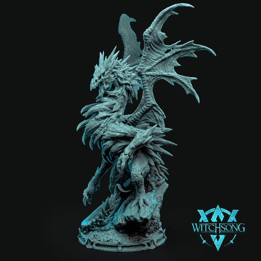 Keeper of the Swamp swamp dragon resin miniature with massive wings bark-like scales skeletal dragon head and swamp monster appearance for Dungeons and Dragons Pathfinder and fantasy tabletop RPGs