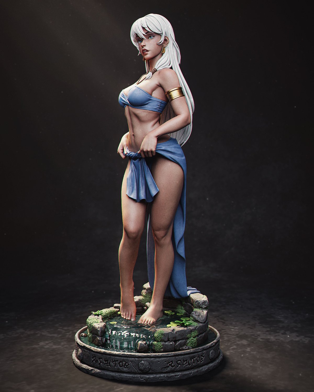 Kida, the warrior princess from Atlantis: The Lost Empire, standing confidently with her iconic white hair, blue wrap attire, and golden arm cuff.