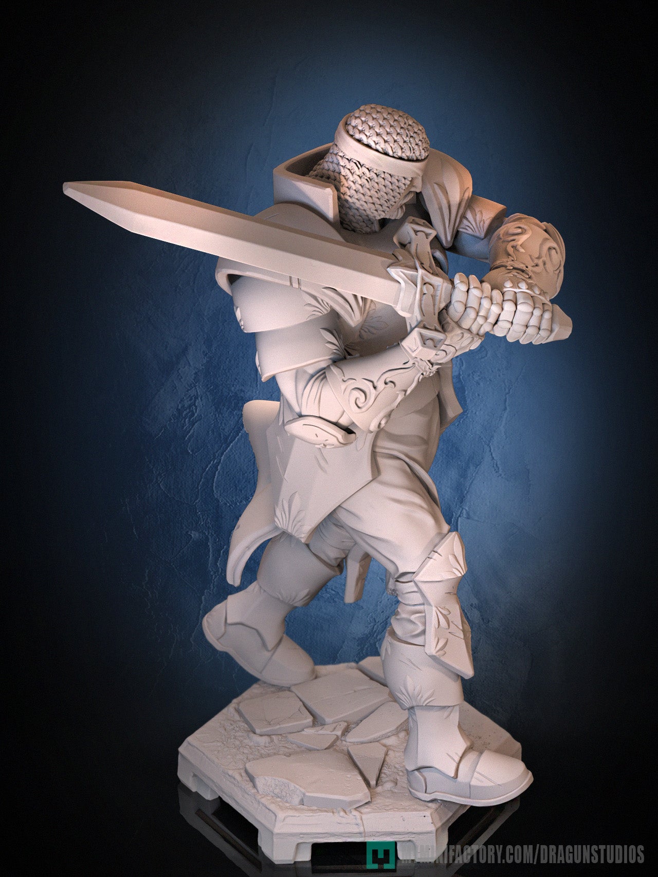 King Arthur human fighter miniature rear view flowing tabard plate armor medieval knight tabletop miniature for Dungeons and Dragons Pathfinder