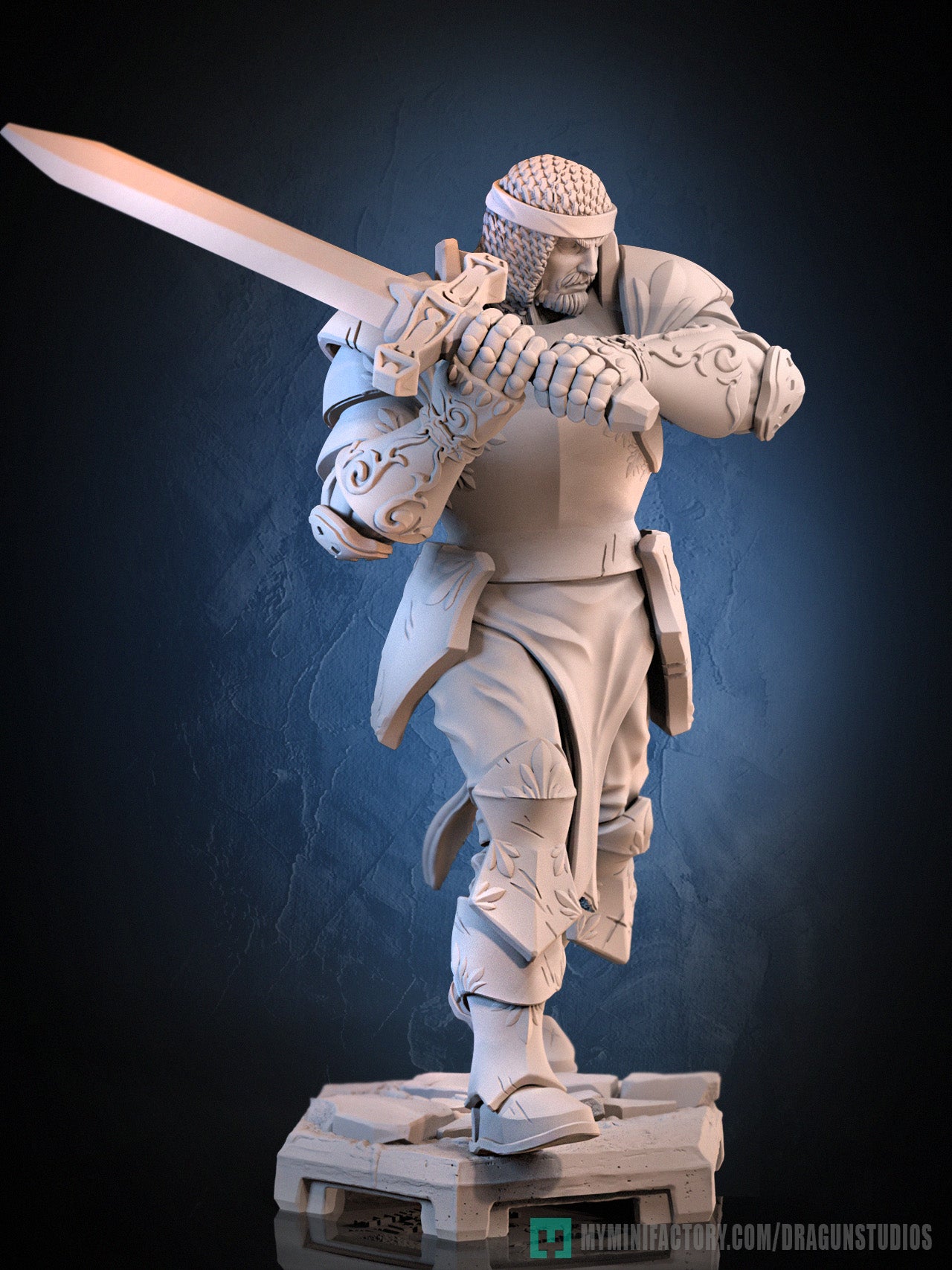 King Arthur human fighter miniature holding longsword in guarded stance ornate plate armor chain coif knights of the round Dungeons and Dragons Pathfinder tabletop miniature