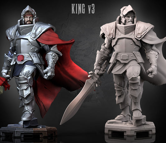 King Arthur Knights of the Round human fighter resin tabletop miniature painted and clay render comparison featuring ornate plate armor flowing royal cape giant longsword and heroic fantasy styling for Dungeons and Dragons campaigns