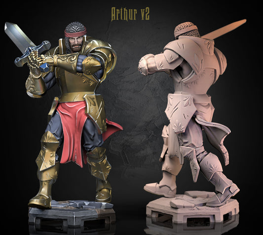King Arthur human fighter miniature painted version ornate gold armor red tabard longsword knights of the round tabletop display