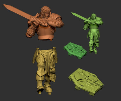 King Arthur human fighter miniature parts layout torso legs sword scenic base 3D printed tabletop model for Dungeons and Dragons Pathfinder