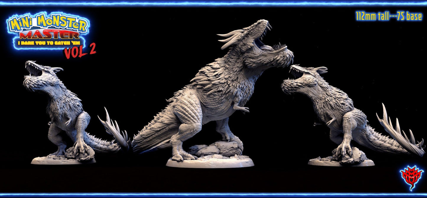 King Rex miniature, depicting a side view of the massive beast with menacing teeth, textured skin, and sharp spikes along its spine, standing on a rocky terrain base.