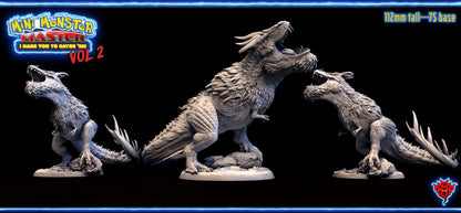 King Rex miniature, depicting a side view of the massive beast with menacing teeth, textured skin, and sharp spikes along its spine, standing on a rocky terrain base.