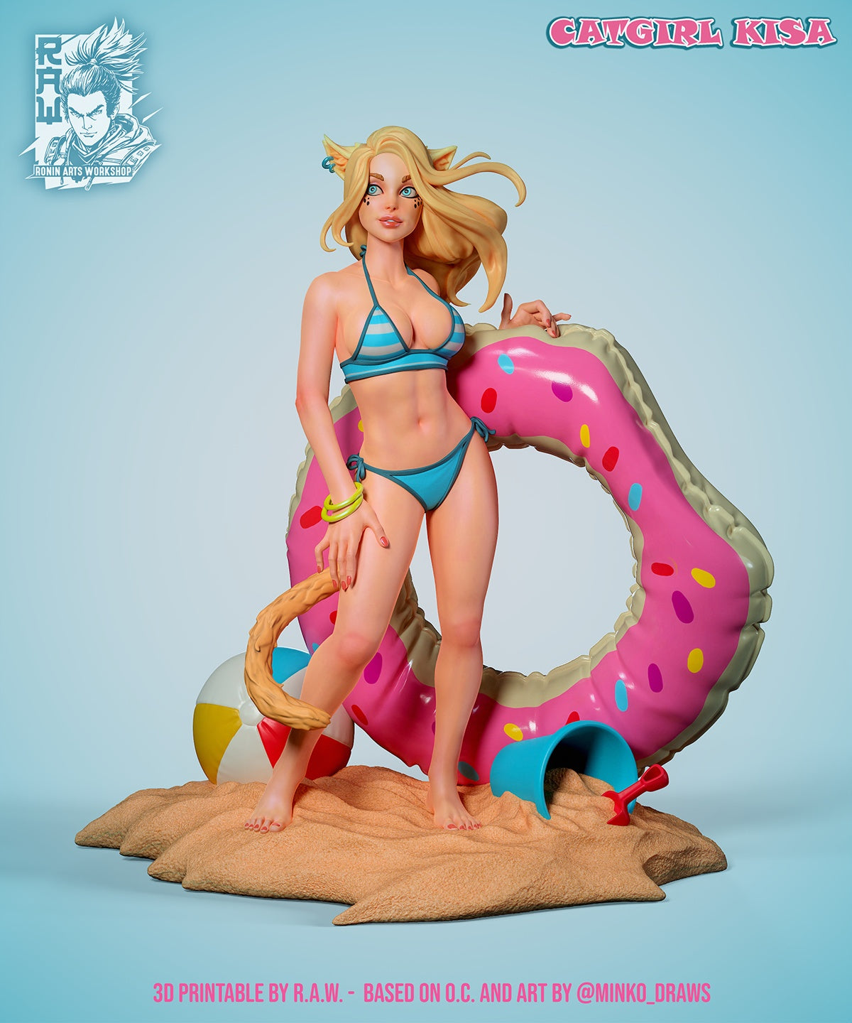Kisa Catgirl bikini resin figure with beach ball donut float cat tail and anime summer pinup styling