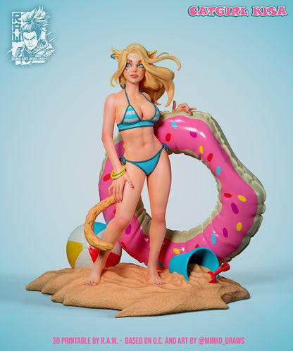 Kisa Catgirl bikini resin figure with beach ball donut float cat tail and anime summer pinup styling