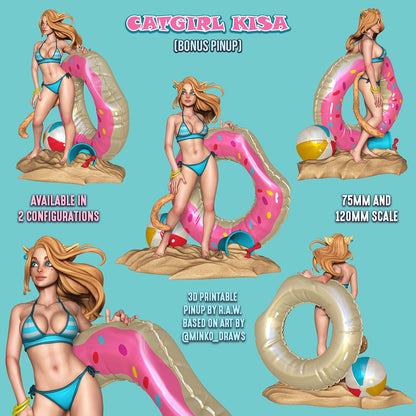 Kisa Catgirl collage render showing bikini pinup figure with beach accessories cat ears tail and multiple display angles