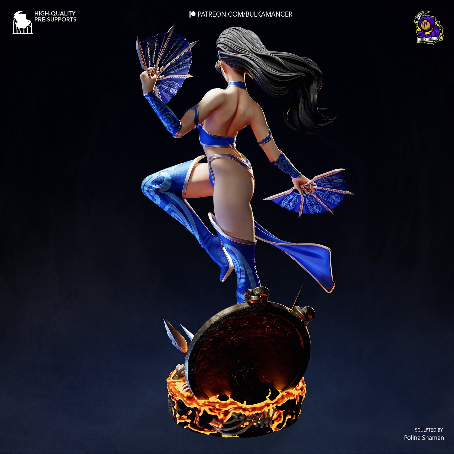 kitana mortal kombat resin statue back view ponytail armor fan weapons base skulls action pose