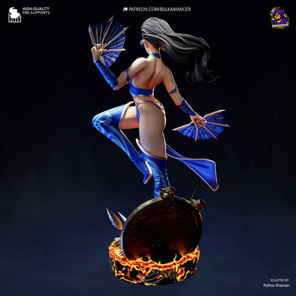 kitana mortal kombat resin statue back view ponytail armor fan weapons base skulls action pose